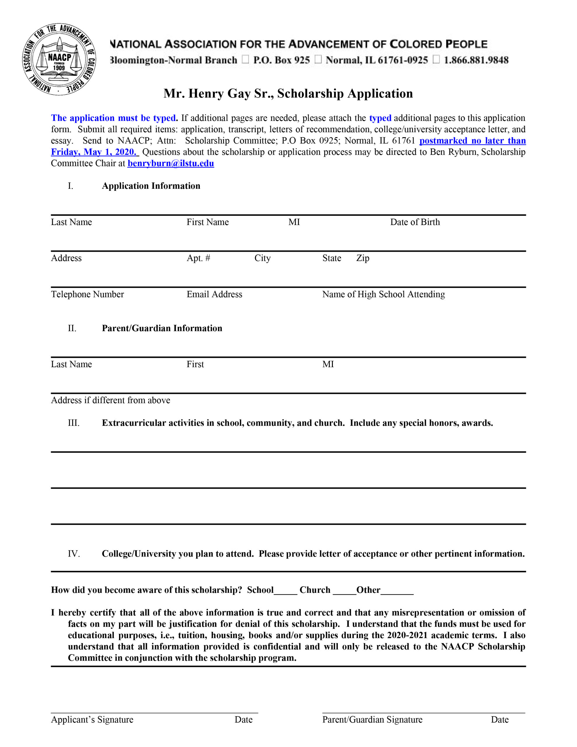 Mr. Henry Gay Sr. Scholarship Application Form | Bloomington-Normal NAACP